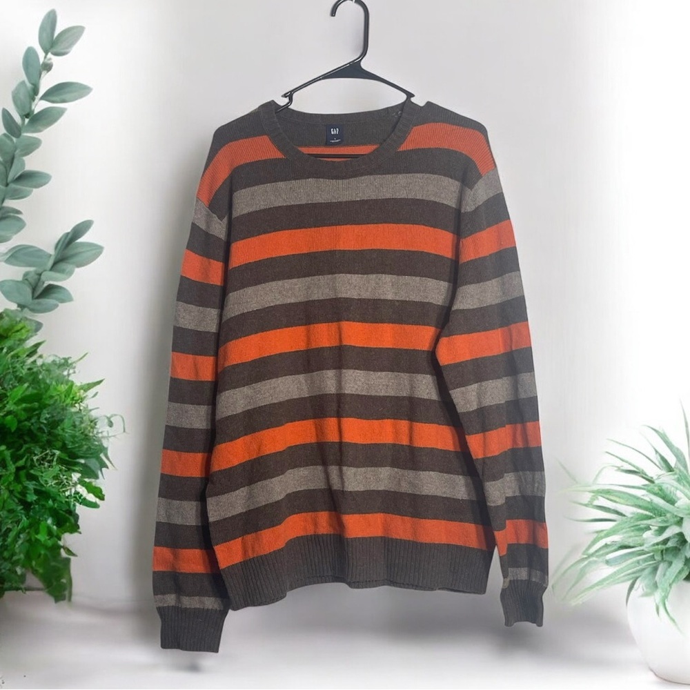 GAP Men's Crewneck Sweater in Orange and Brown Stripes